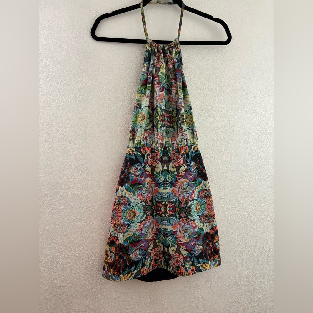 Keepsake halter neck open back dress multi-colored floral kaleidoscopic print S